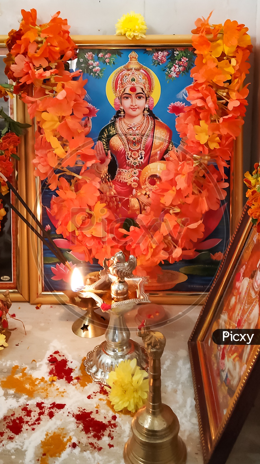 Hindu Goddess Frame/Lakshmi Devi Decorated with Flowers