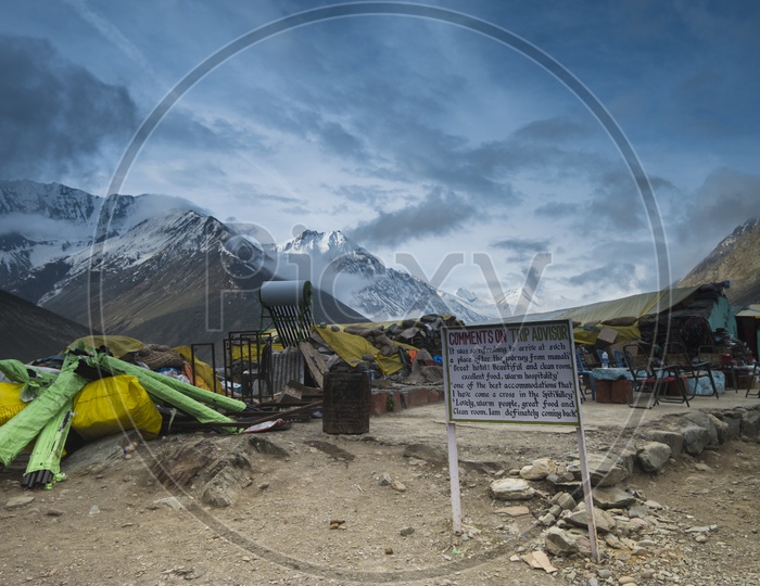 Base Camps in Leh / Ladakh with Mountain in Background