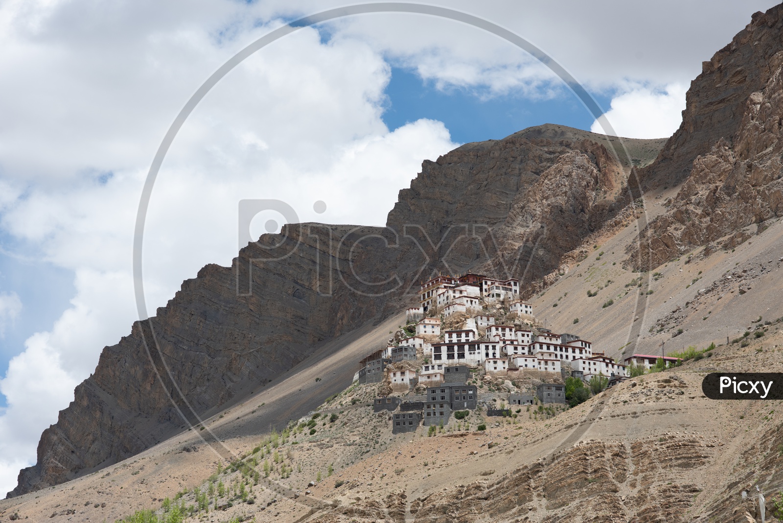 Beautiful Landscape of Mountains with Clouds and village, Spiti Valley