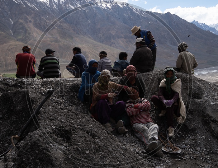 Construction works at Spiti Valley with Snow Capped mountains in the background