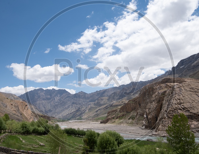 Beautiful Snow capped mountains of Spiti Valley with Greenery in the foreground
