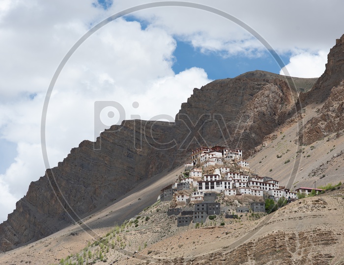 Beautiful Landscape of Mountains with Clouds and village, Spiti Valley