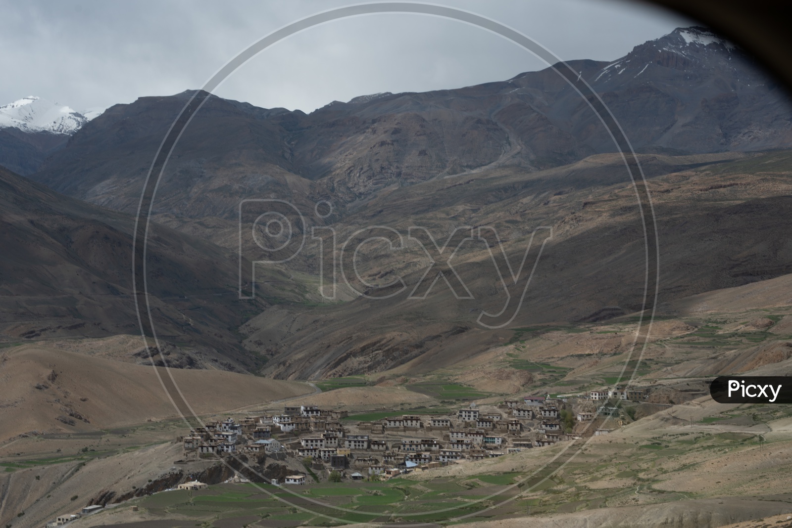 Mountains of Spiti Valley with Village in Foreground