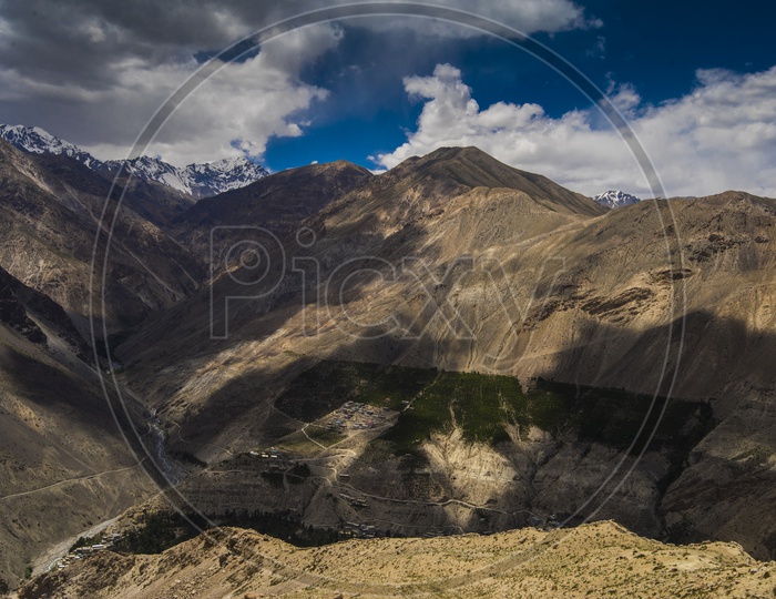 River Valleys With  Sand Dunes And Mountains And Blue Sky With Clouds / Beautiful River Valley Views Of Leh / Ladakh