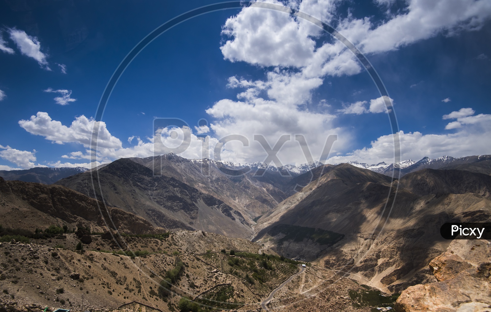 River Valleys With  Sand Dunes And Mountains And Blue Sky With Clouds / Beautiful River Valley Views Of Leh / Ladakh