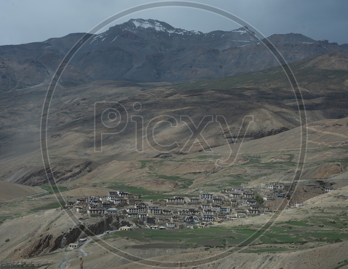Mountains of Spiti Valley with Village in Foreground