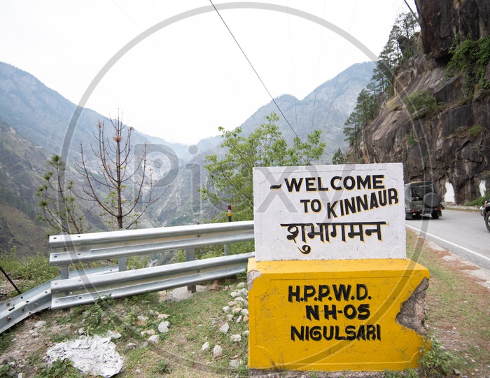 A Sign Stone Saying Welcome to KINNAUR in Leh / Ladakh