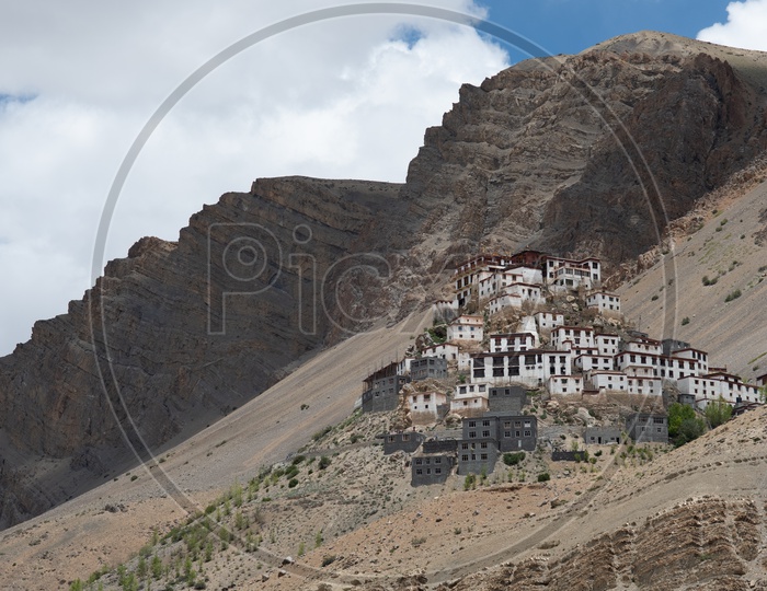 Mountains of Spiti Valley with beautiful clouds and village