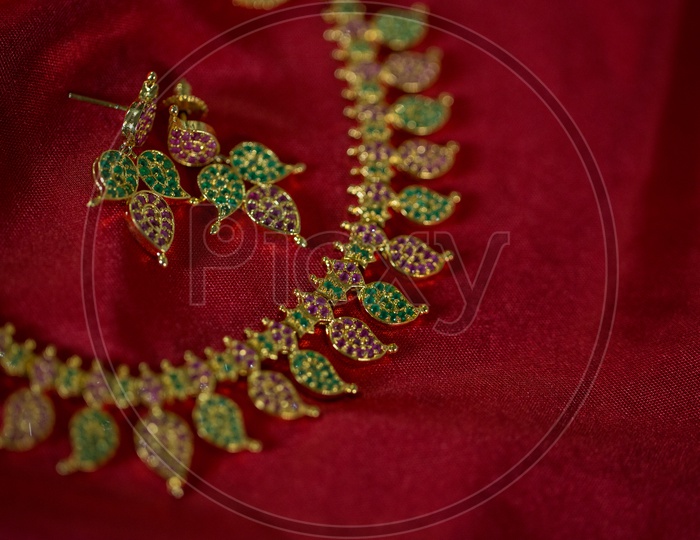 Indian Made Gold Jewellery Necklace With Ear ring Set Closeup  Shot
