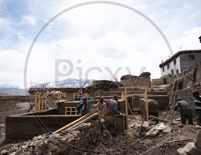 Construction Sites in  Villages Of Leh / Ladakh with Local Man Working on site