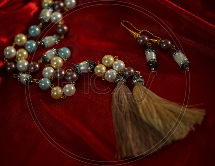 Indian Made Pearl Set With Ear Ring Set Closeup Shot