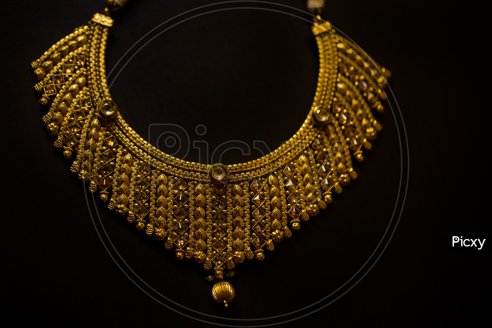 Indian Traditionally Made Designs For Bridal Collection of Gold Jewellery Necklace Closeup Shot