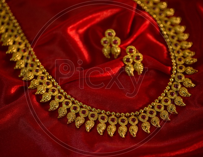 Indian Made Gold Jewellery  Necklace with Ear Ring  Set   Closeup Shot