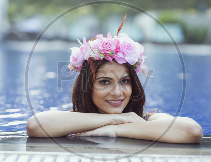Indian Female Model in Swimsuit in Swimming Pool