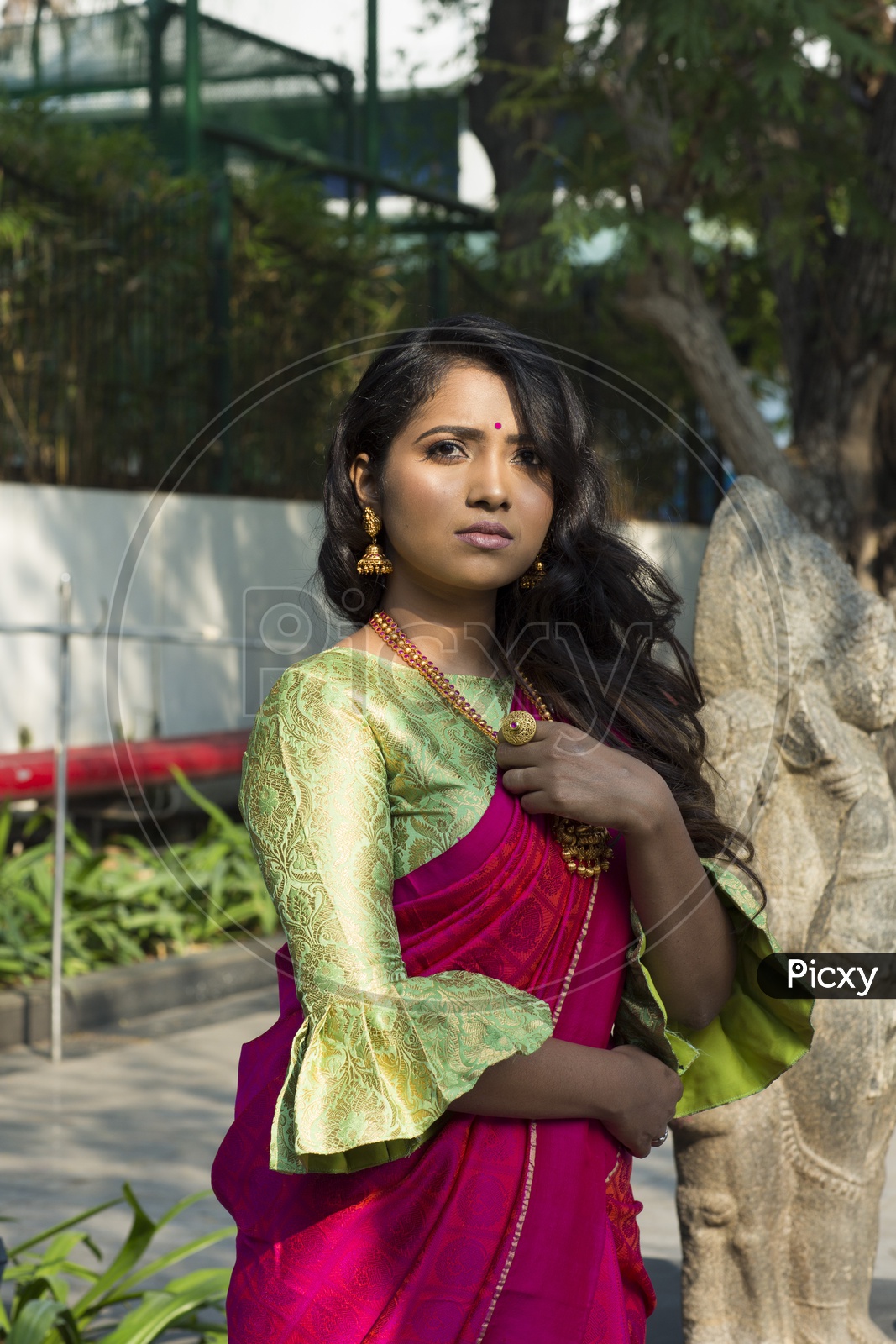 Image of Traditional Indian Female/Woman Model in Purple Saree, green  Blouse-OQ071002-Picxy