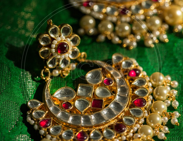 Indian Made Traditional Design For Bridal Collection Ear Ring Set / Jhumka  Closeup Shot