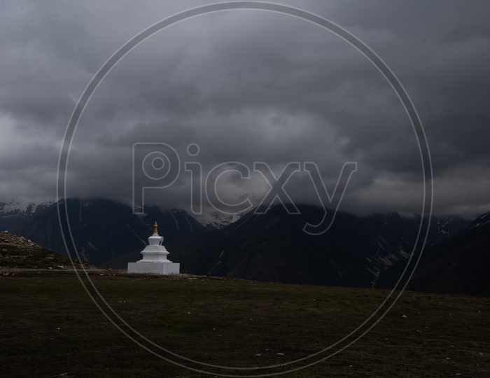 Stupas By Tibetans In Leh / Ladakh With Mountains in Backdrop