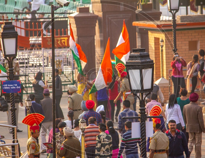 Indian People and BSF with Indian Flags at wagah border