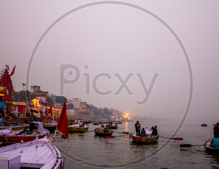 River Ganga with Boats and Temples in Varanasi