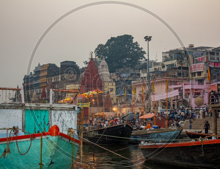 River Ganga with Boats and Temples in Varanasi