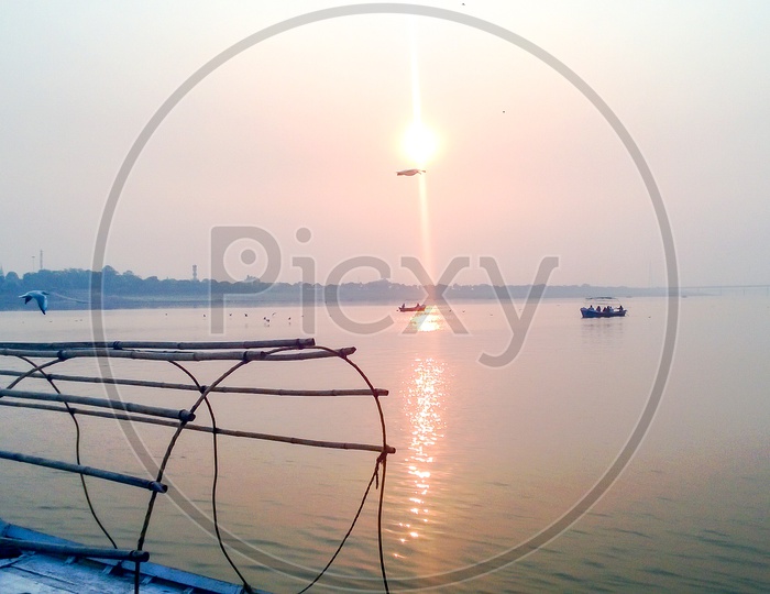 River Ganga with beautiful sun rays  in Varanasi