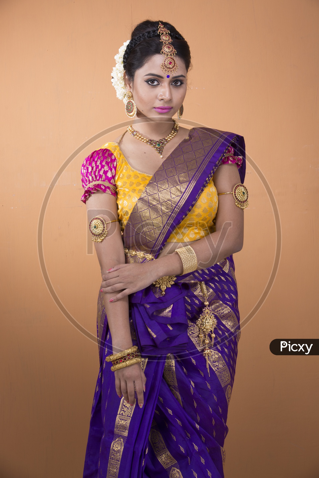 An Indian Female Model Wearing a Traditional Saree with Jewelry and Posing To Camera With Expression on an Isolated Background