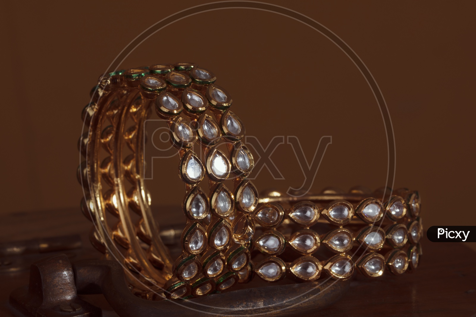 Diamond  Bangles Set  / Jewelry Closeup Shot on an Wooden Background