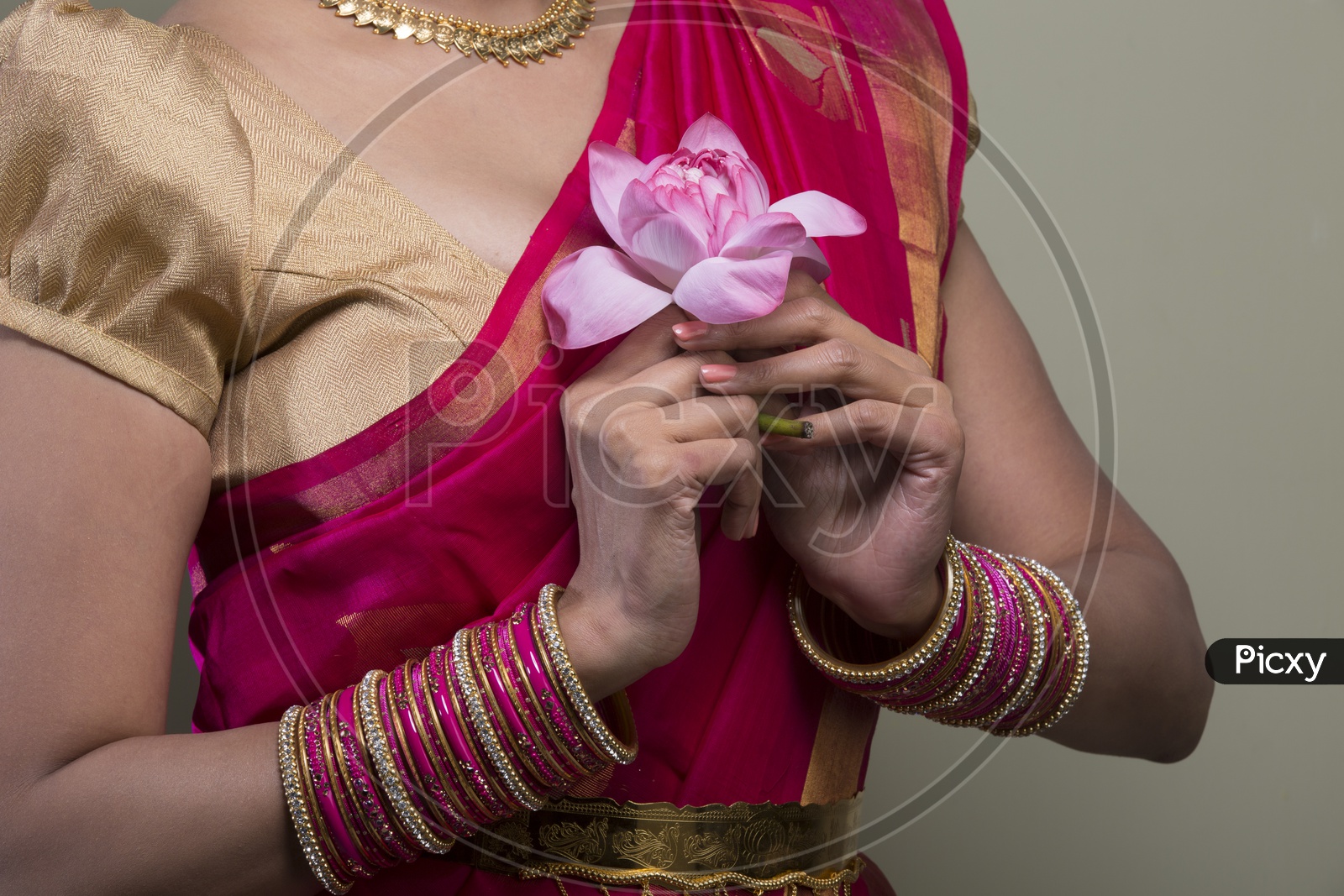 Image of A Beautiful Indian Female Model in Traditional Attire Wearing a  Saree and Jewelry with a Lotus flower in Hands Closeup Shot on an Isolated  Gery Background-MH390298-Picxy