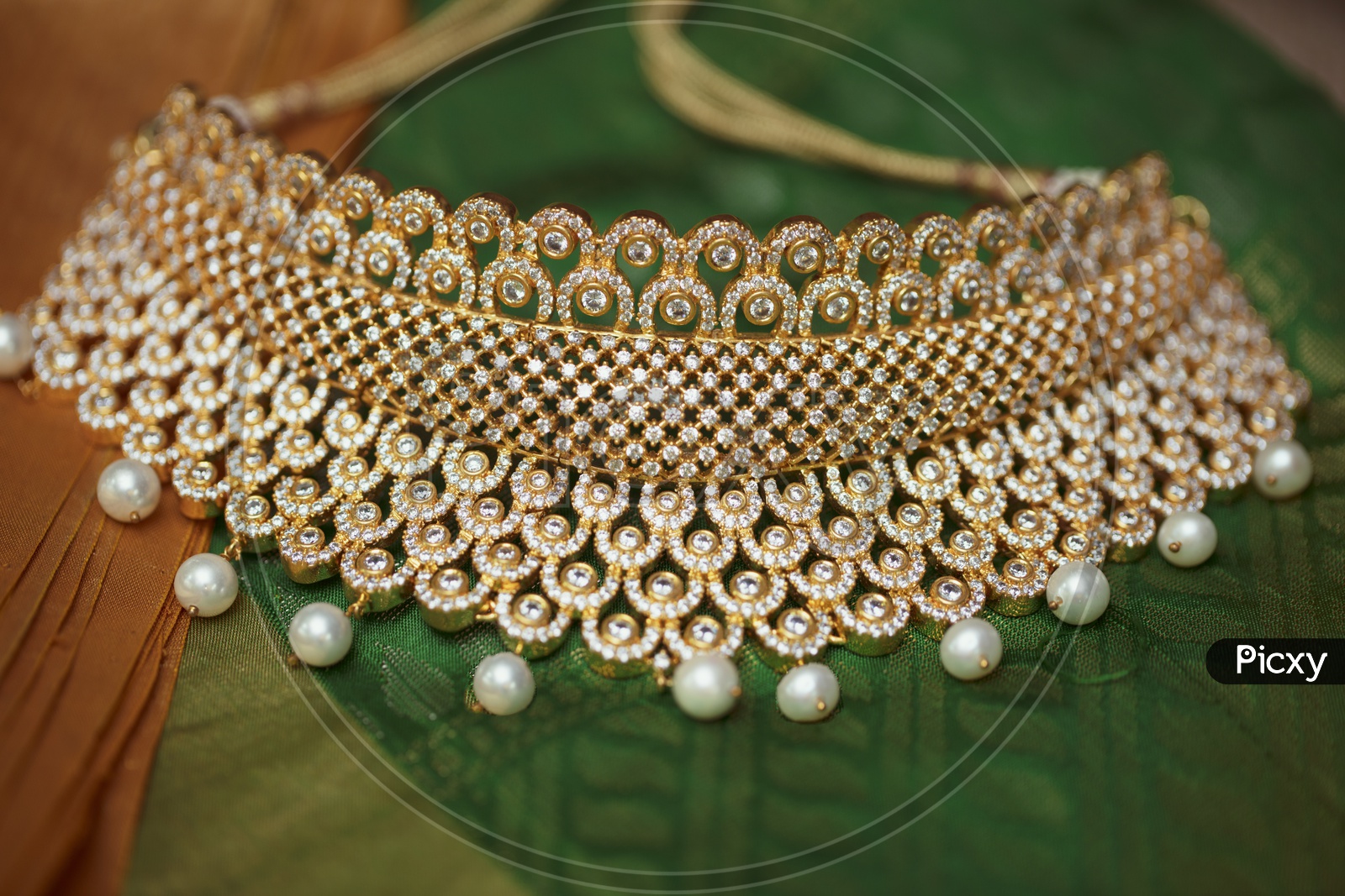 Choker Necklace In Green background - Indian Jewelry/Gold Ornament with White Pearls