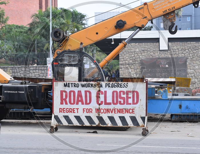 Road Closed Sign Boards as metro Work Is Going on in Hyderabad
