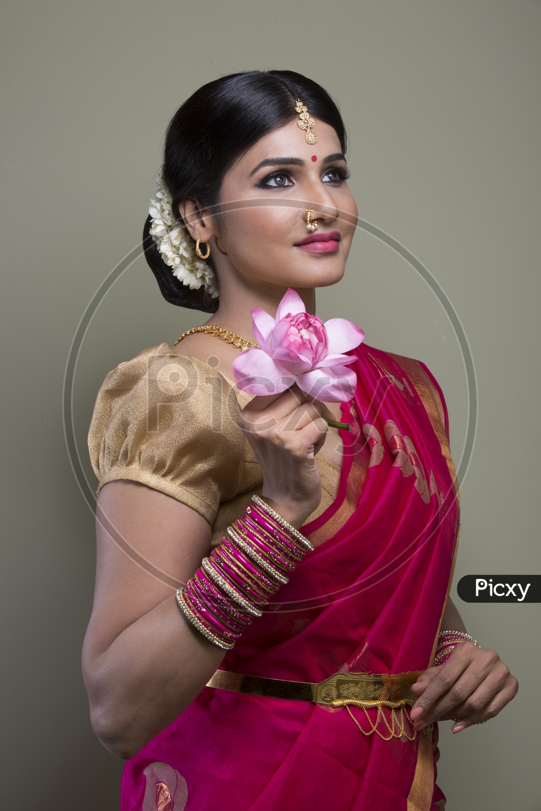 Indian bride dressed up in red saree with flower in hand portrait in Studio Lighting / Traditionally dressed up girl