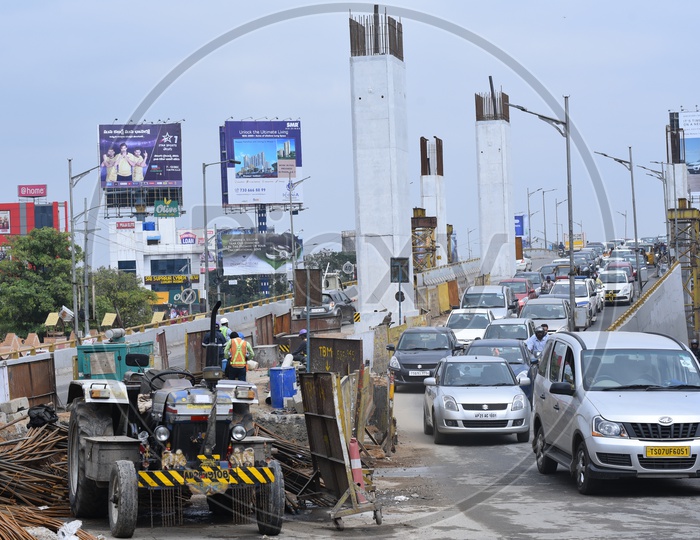 Metro Works at a Flyover Near Cyber towers in Hyderabad