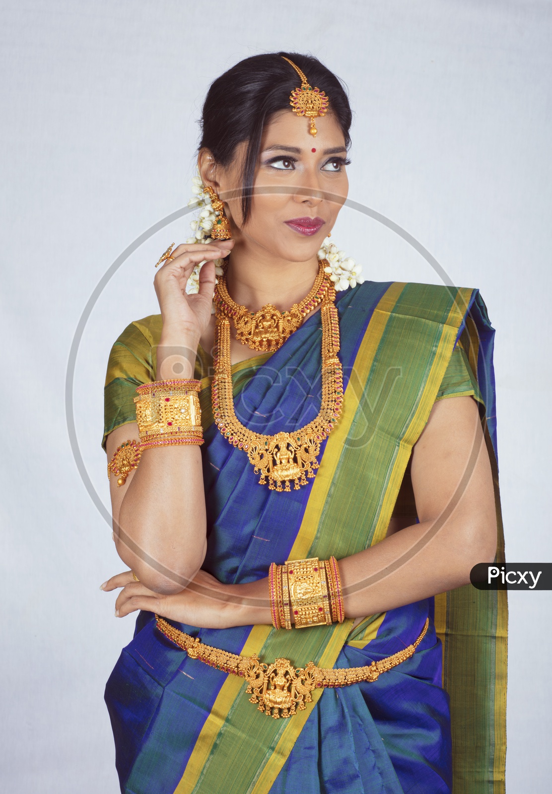 Traditional Indian Female/Woman Model in Blue Saree, green Blouse - Posing