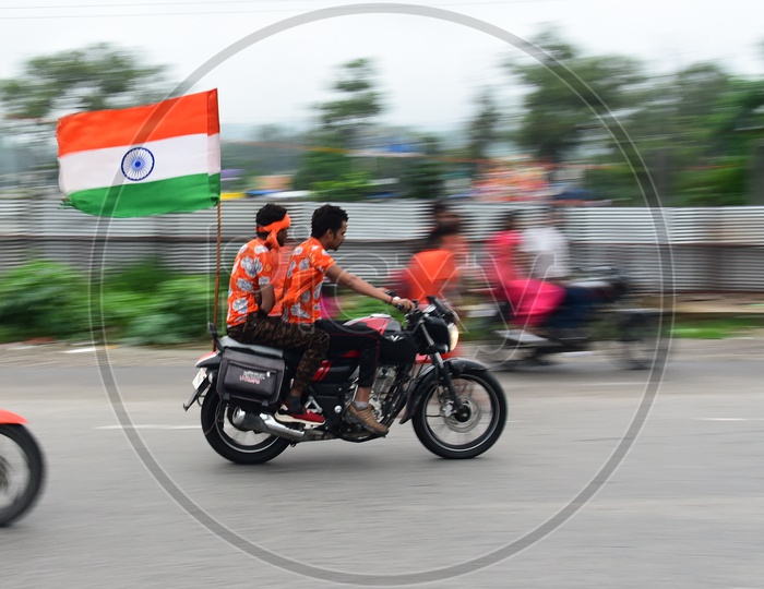 Indian Hindu Pilgrims In Haridwar as a Rally With Indian Flags