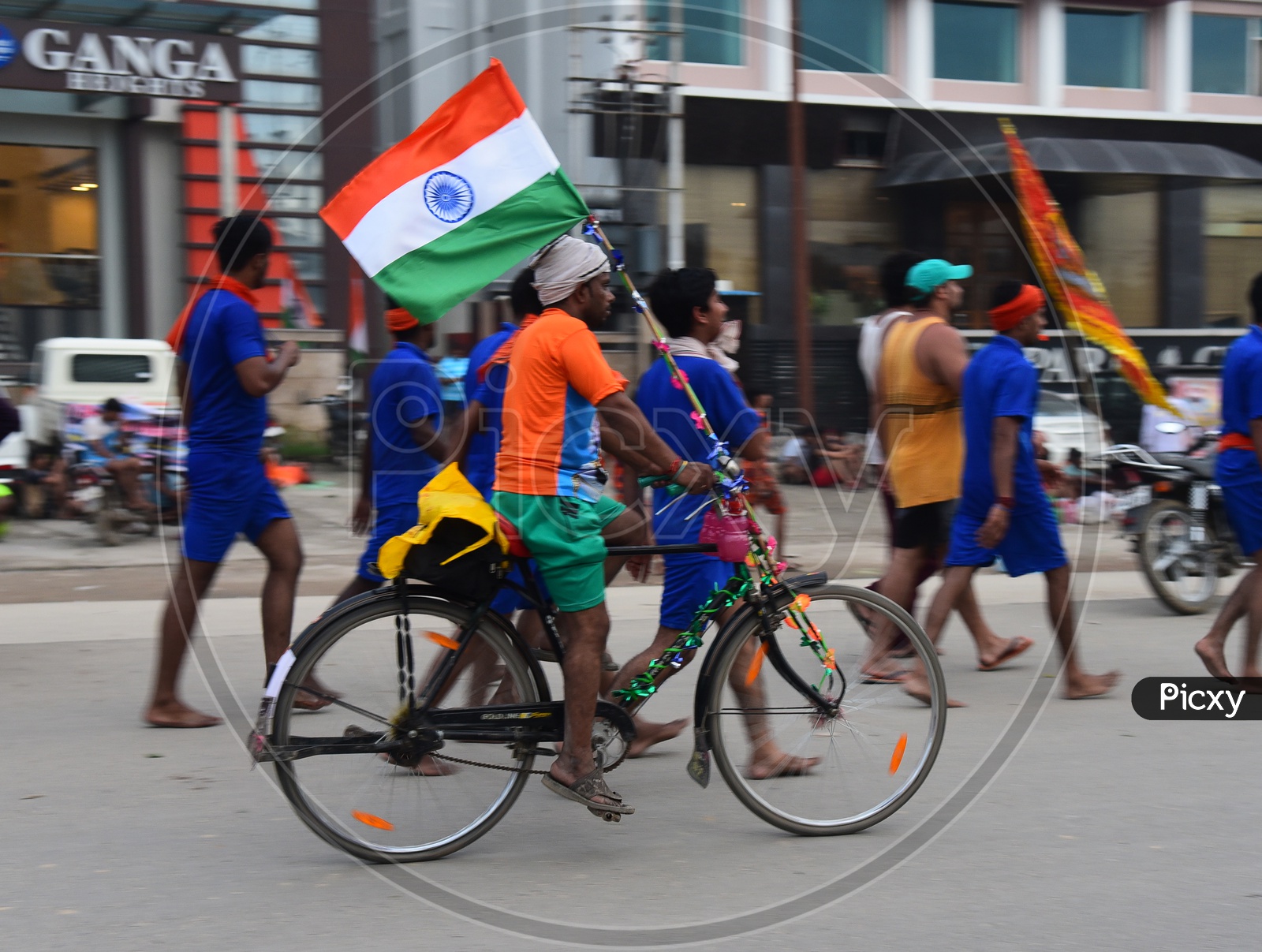 Indian Hindu Pilgrims In Haridwar as a Rally With Indian Flags