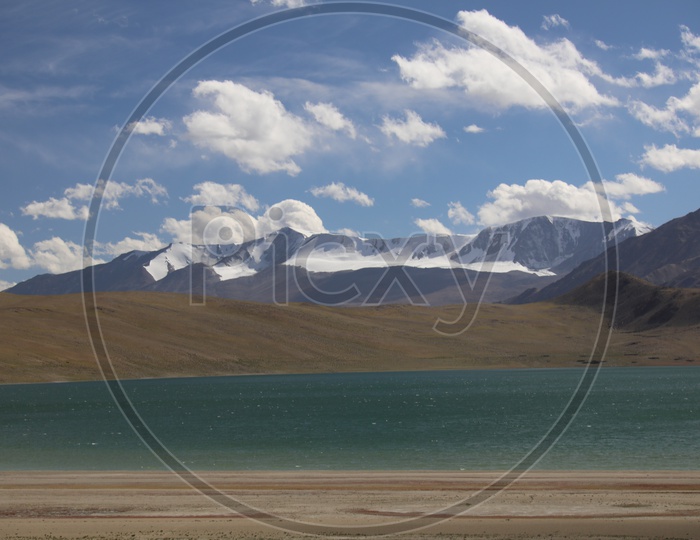 Beautiful Landscape of Snow Capped Mountains from leh with river in the foreground