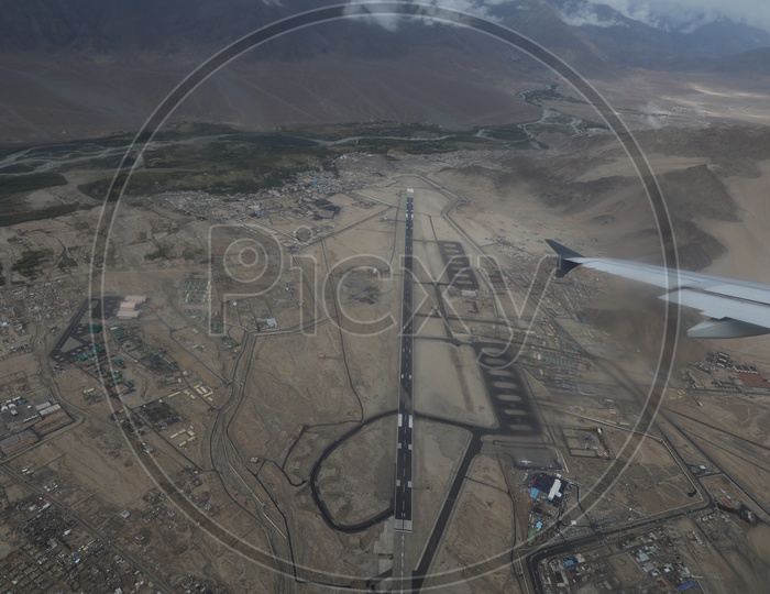 Leh Airport in aerial view from flight window