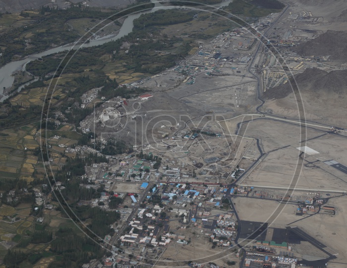 Leh in aerial view from flight window