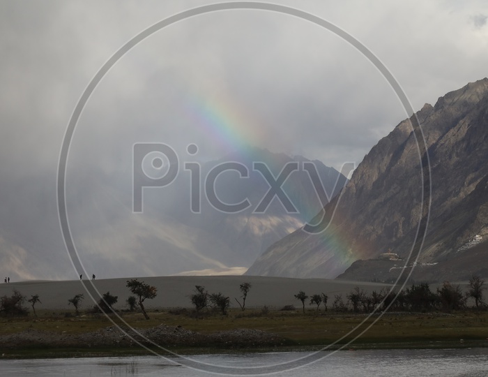 Beautiful River Valley View Of Leh / Ladakh  with Mountains and Rainbow As Background