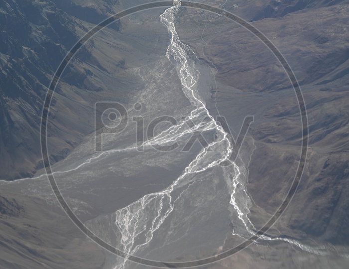 Beautiful Aerial View of River Valleys of Leh  From Flight Window