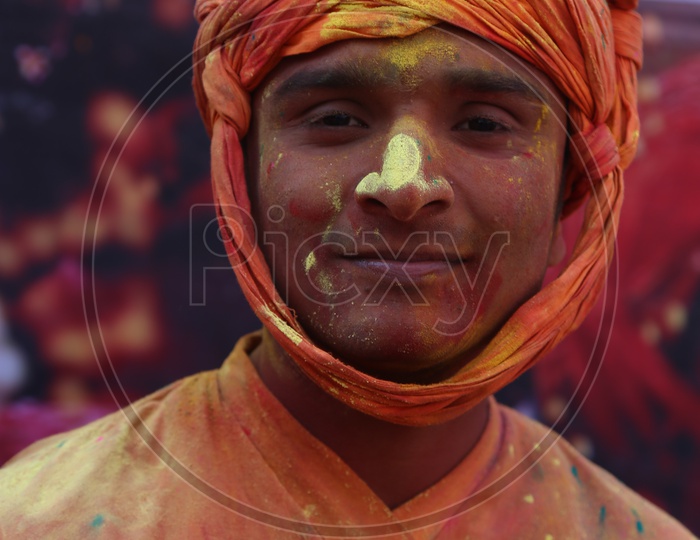 Portrait of Coloured face from Barsana Holi Celebrations