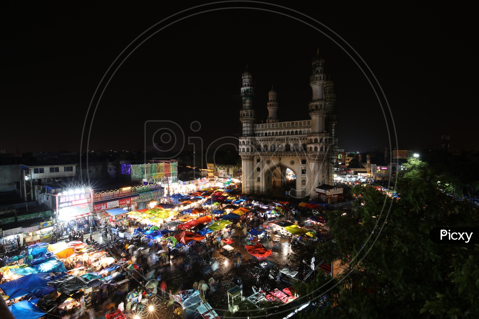 A Beautiful Aerial shot Of Charminar and The Vendor Stalls Around The Streets Of Charminar