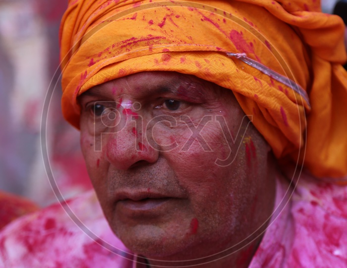 portrait of coloured face from Barsana Holi celebrations
