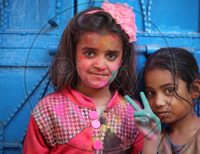 Girls Colors/Colours on face - Holi/Indian Festival - Festival of Colors