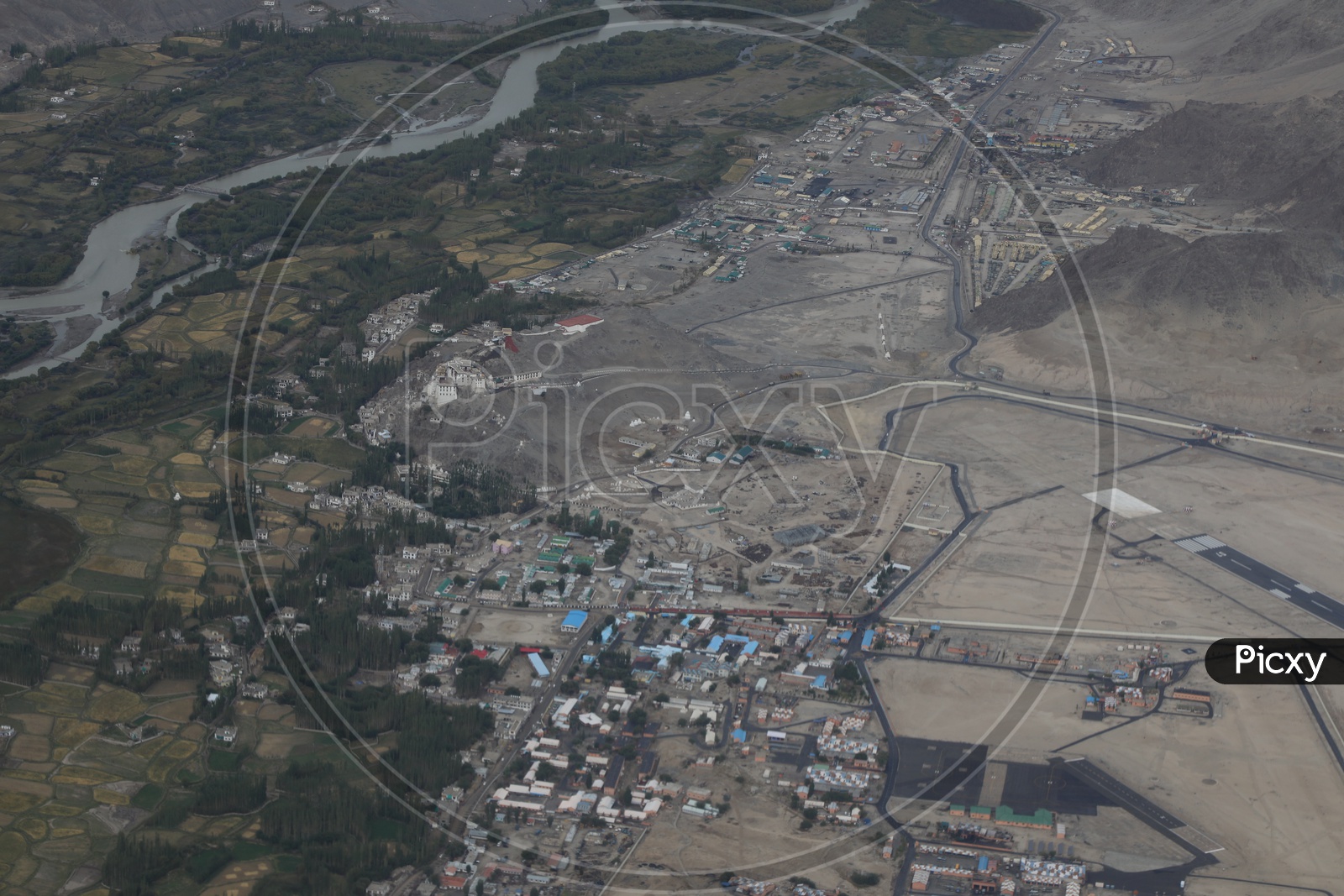 Leh in aerial view from flight window