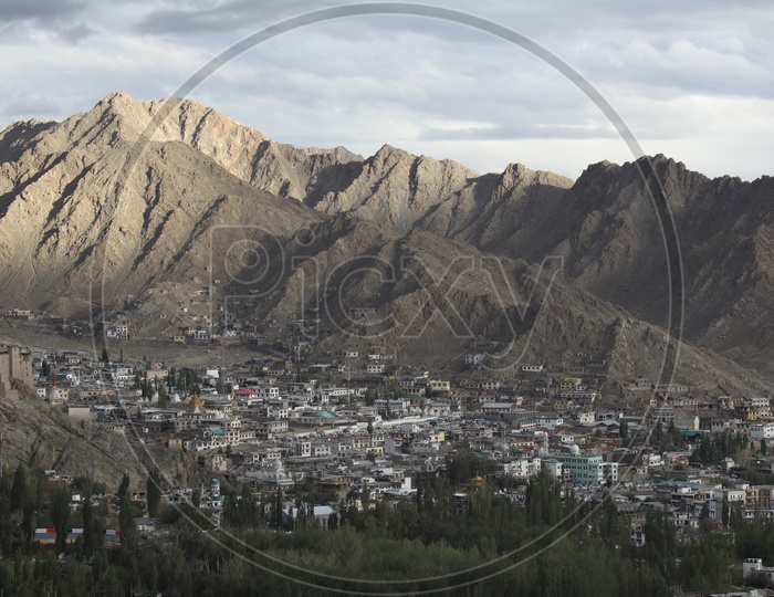 Snow Capped mountains of Leh with village in the foreground