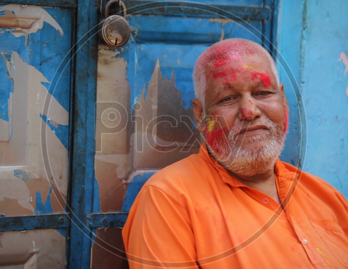 Portrait of coloured face from Barsana Holi Celebrations