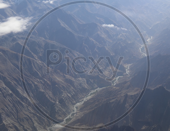 A Beautiful Aerial Views Of River Valleys  of leh From Flight Windows