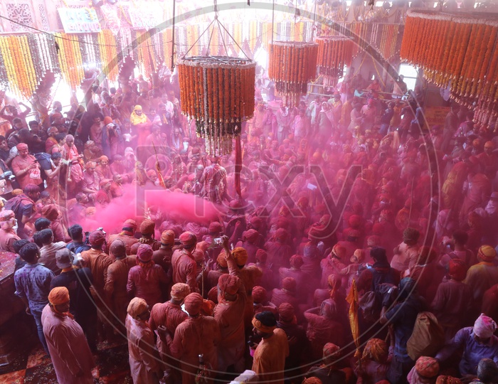 People celebrating Holi in Barsana,Uttar Pradesh, India