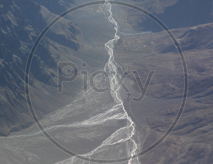 Beautiful Aerial View of River Valleys of Leh  From Flight Window